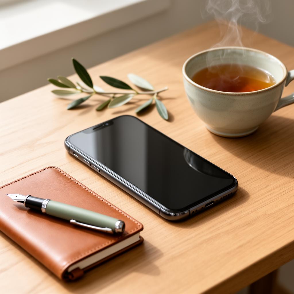 Móvil sobre escritorio cálido junto a libreta y taza