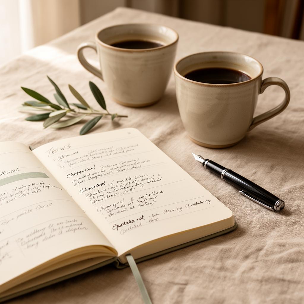 Libreta de planificación con dos cafés sobre mesa cálida